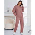 Mauve ribbed knit hooded casual suit lounge set for women