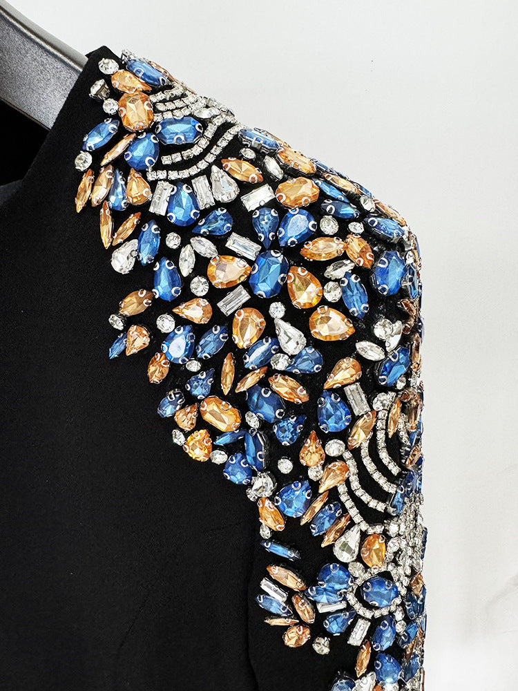 Autumn Winter Star Heavy Industry Beads Diamond Embedded Long Sleeve Mid Length Dress