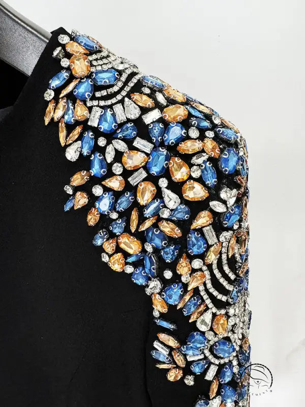 Autumn Winter Star Heavy Industry Beads Diamond Embedded Long Sleeve Mid Length Dress