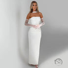 Elegant white strapless langry fashion gown for winter evenings