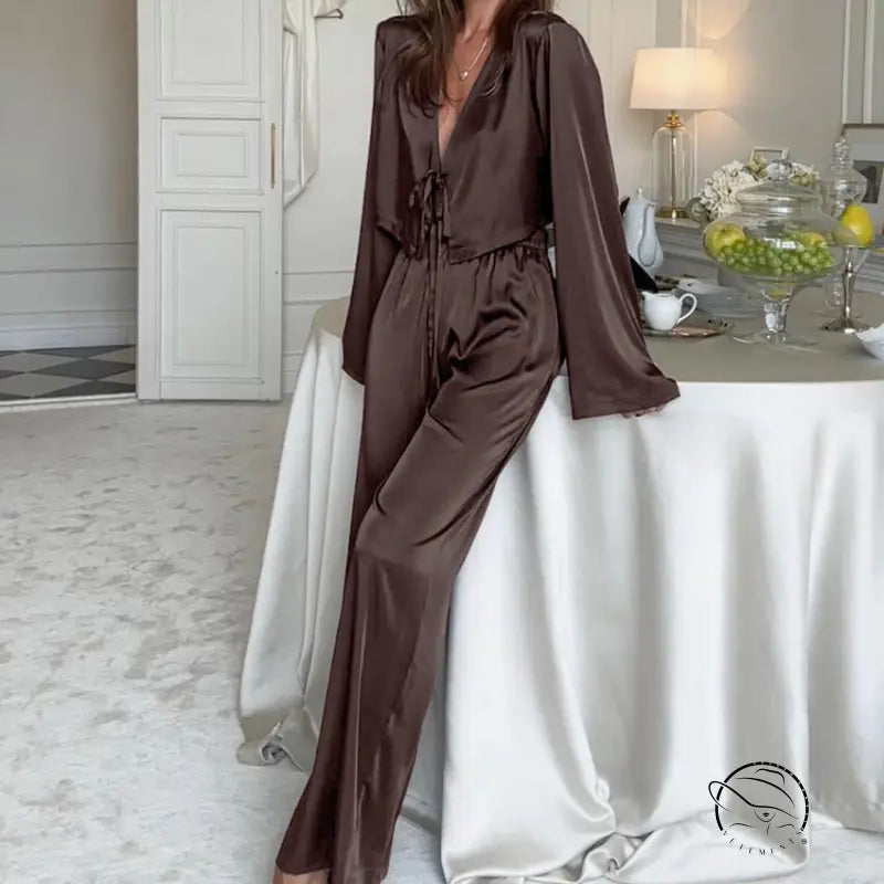 Brown satin pajama set in casual comfortable soft homewear