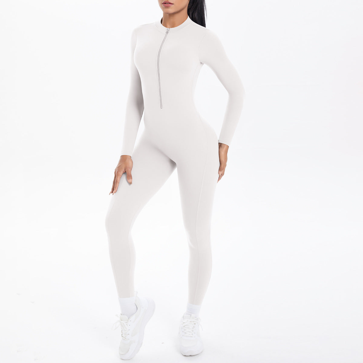 White long sleeve zip-front one-piece yoga athletic suit in Langry fashion