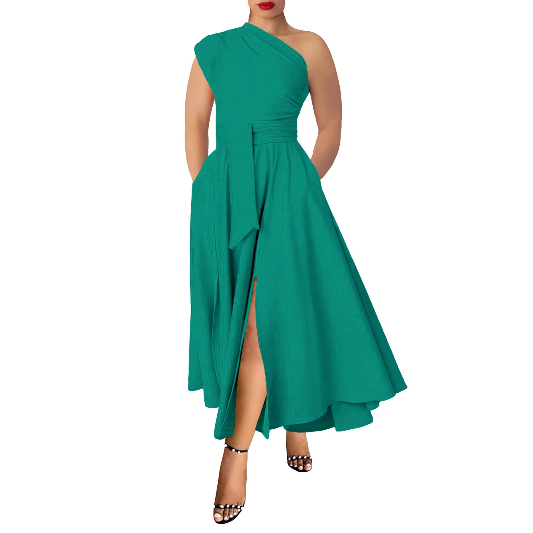 Green plus size satin one-shoulder maxi dress with high slit and pockets