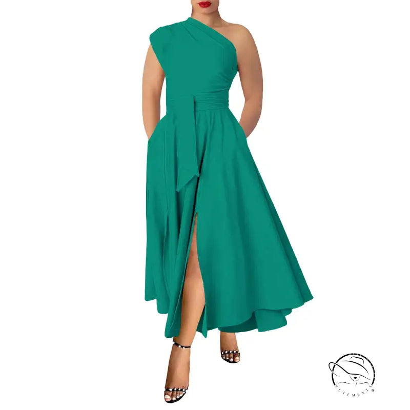Green plus size satin one-shoulder waist tight swing maxi dress