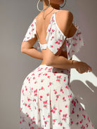 White floral print summer dress with ruffled shoulders, open back, langry fashion