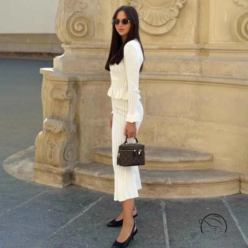 Stylish woman in elegant classic dress and skirt set