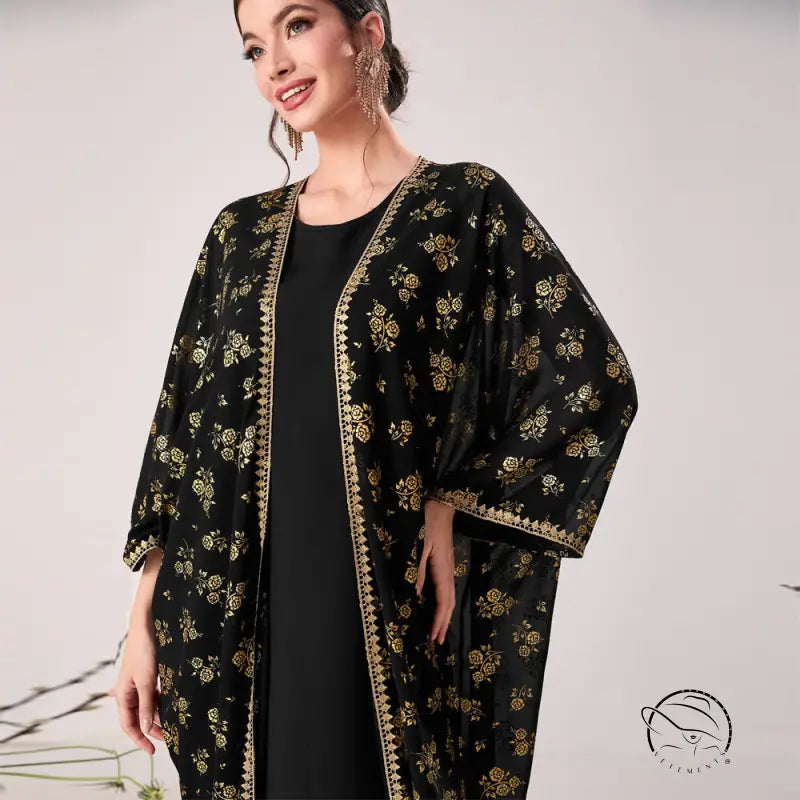 Elegant black floral kimono with gold accents in langry fashion ملابس
