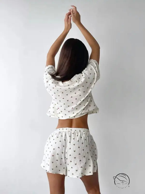 White summer cotton linen pajama set with heart patterns and slit shorts