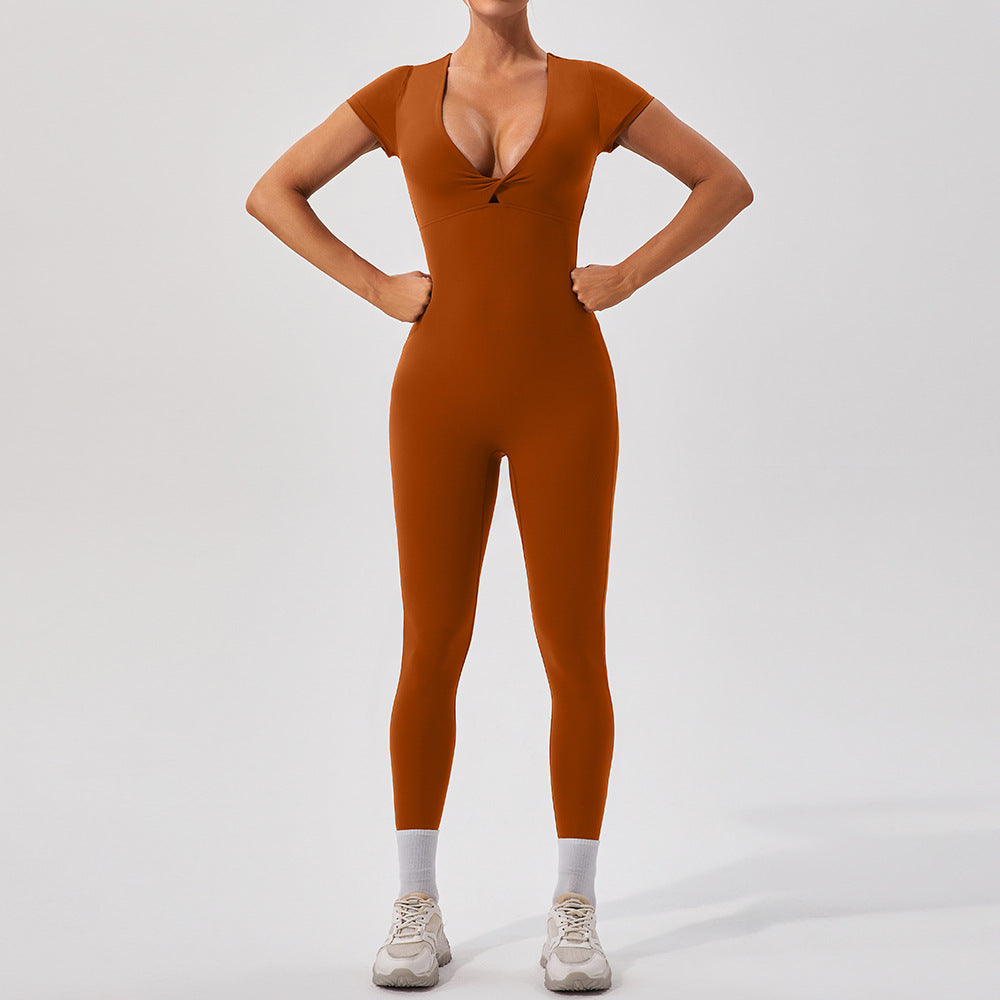 Sleek rust-orange langry fashion yoga fitness one-piece bodysuit with v-neck
