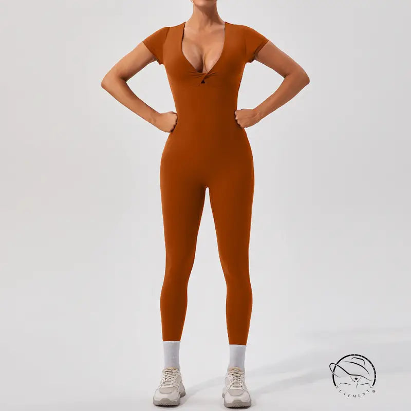 Sleek rust-orange langry fashion yoga bodysuit with v-neck