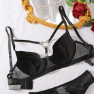 Black lace push-up bra set with love ring buckle and silver hardware