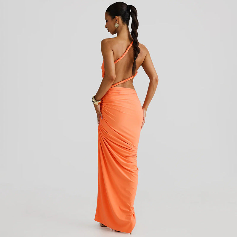 Orange one-shoulder maxi dress showcasing stunning lace details in fashion ملابس