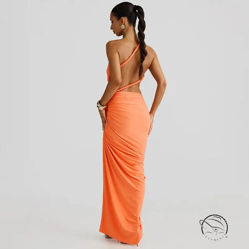 Stunning cutout lace pleated orange one-shoulder maxi dress
