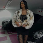 Plush white brown spotted faux fur coat in Langry fashion ملابس