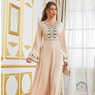 Elegant V-neck high-waist long swing dress in beige with green embroidery
