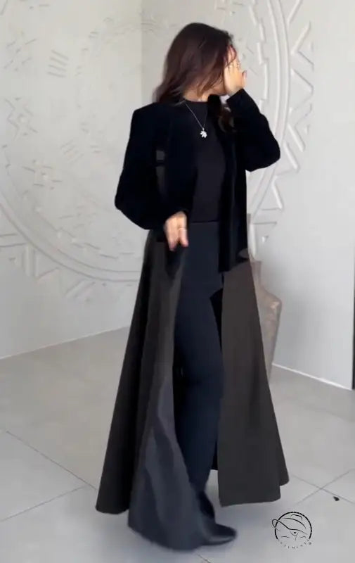 Black velvet langry fashion coat with asymmetrical hemline