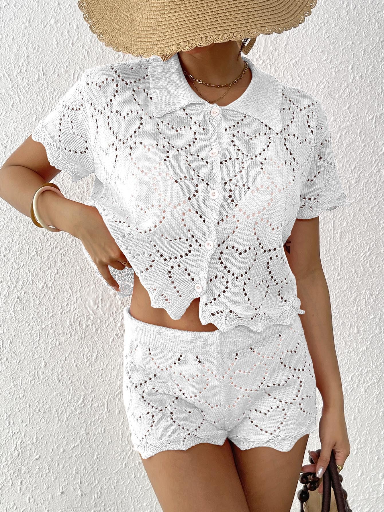 White knit heart-patterned shorts and button-down shirt set with long sleeve length fashion