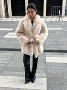 Oversized cream faux fur coat with black trim, Langry fashion