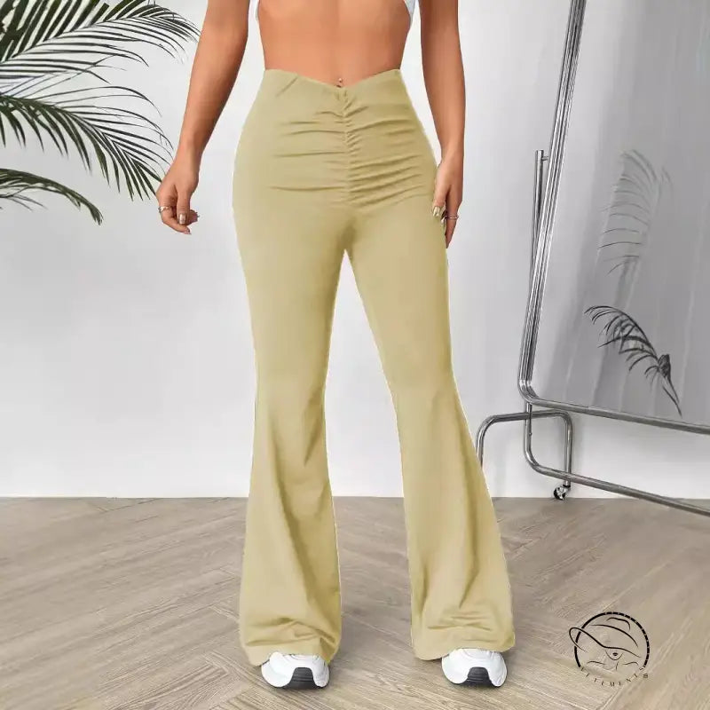 High-waisted V-shaped waist slimming bootcut trousers in beige