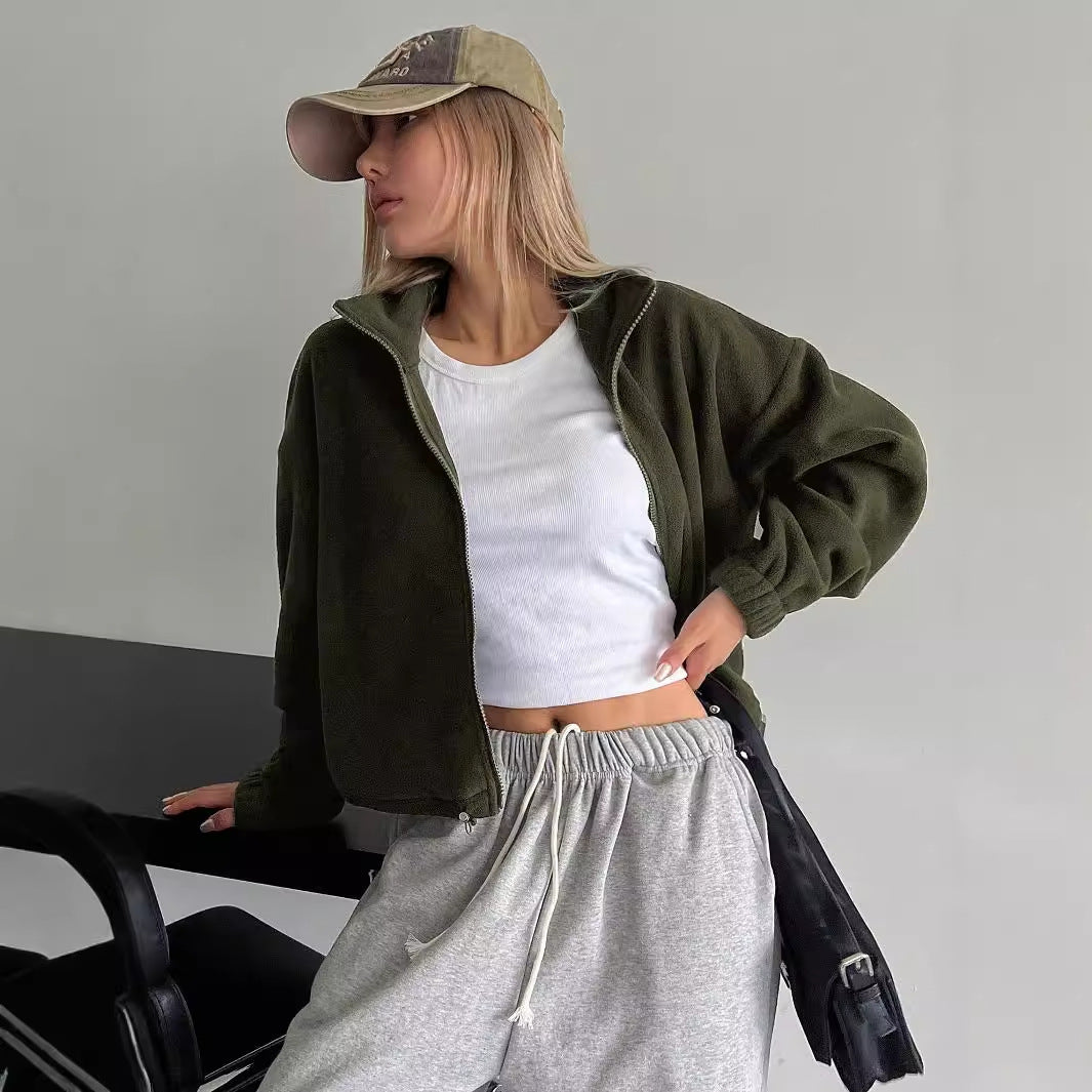 Cozy langry olive green high collar fleece jacket with ribbed cuffs