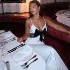 Elegant langry fashion slim fit backless white lace dress with black velvet bow