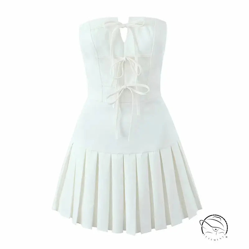 White langry strapless mini dress with pleated skirt and lace-up bodice