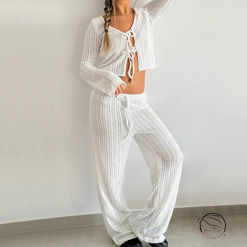 White ribbed langry knit two-piece pajamas with lace-up front