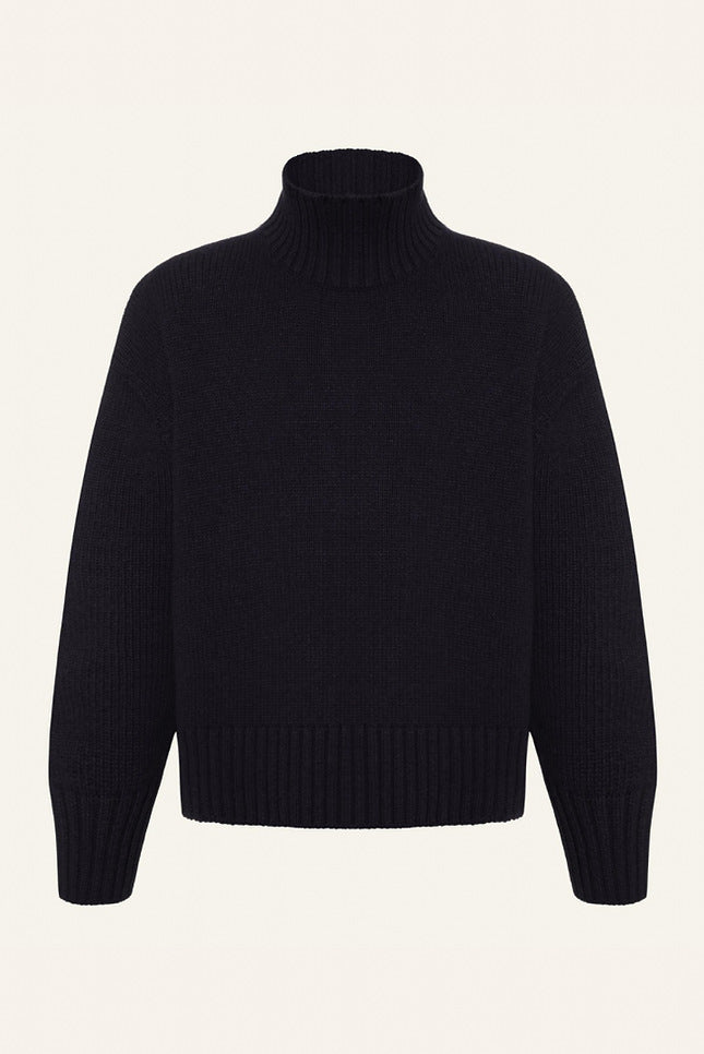 Langry black wool turtleneck sweater with ribbed cuffs, winter fashion knitwear
