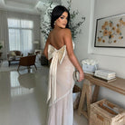 Sequin strapless gown with bow, part of the Amazing Satin Stitching Dress collection, fashion ملابس