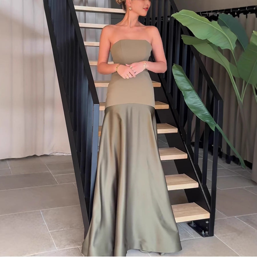Strapless olive green gown showcasing elegant fashion in a Beautiful Satin Dress
