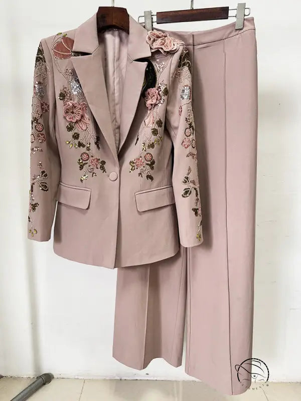 Elegant beige floral jacket coat set with black lapels and wide leg pants by Langry fashion
