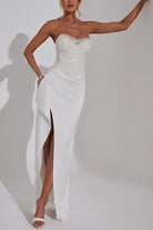 White strapless split dress with thigh-high slit for casual party fashion elegance