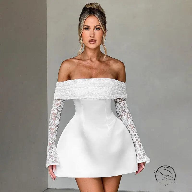 Elegant A-line dress in white off-shoulder mini with lace sleeves and flared skirt