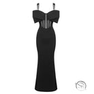 Black off-shoulder mermaid maxi dress with sheer corset detail