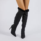 Black thigh-high stiletto boots with fur trim, stylish high leg boot for chic outfits