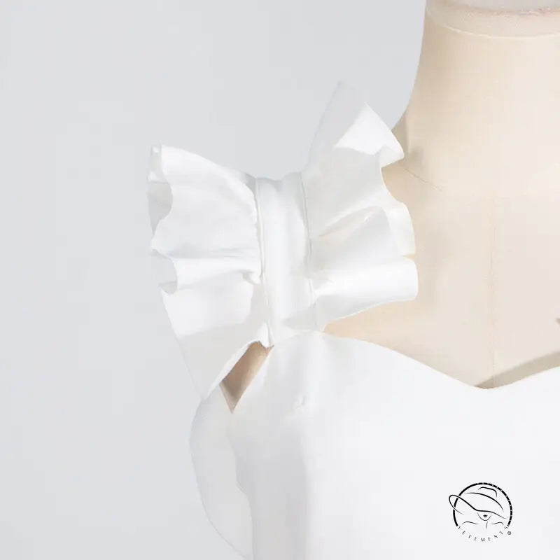 White ruffled shoulder detail on floral summer slim fit dress with high grade stitching