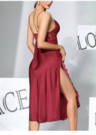 Langry deep red satin lace stitching high slit nightdress with fashion ملابس