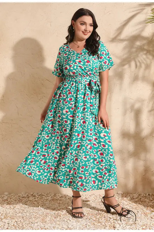 Colorful rose holiday dress in green and red pattern, V-neck chiffon maxi
