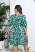 Casual V neck loose dress in green white geometric print wrap style
