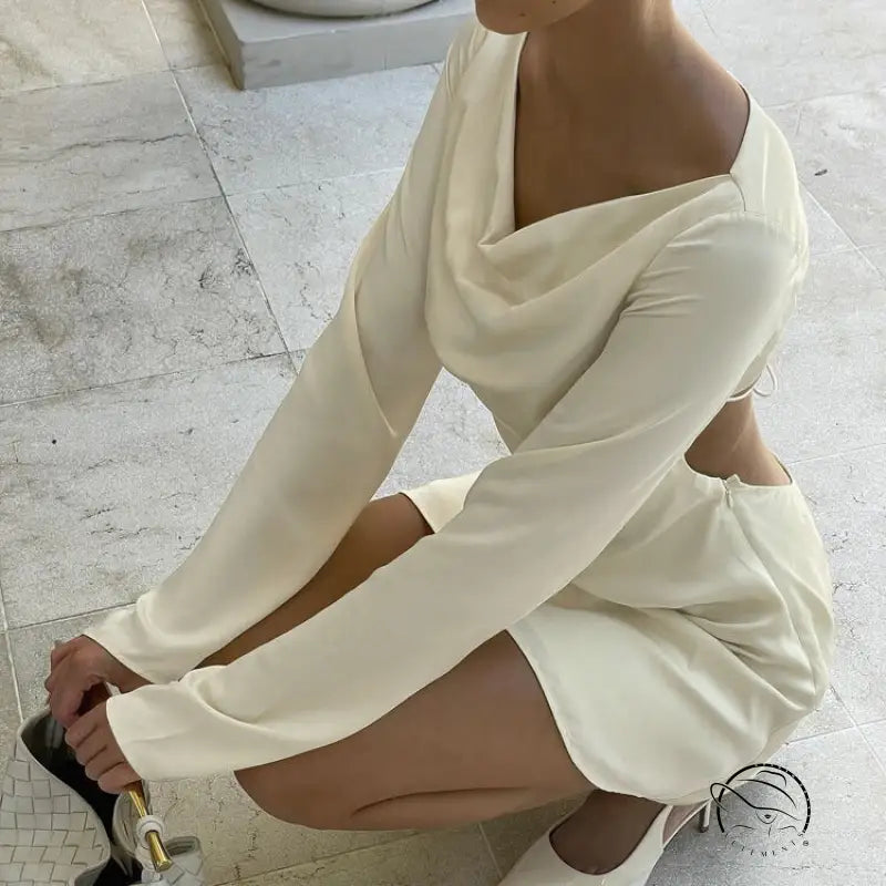 Enchanting short A-line dress with creamy white cowl neck in fashion