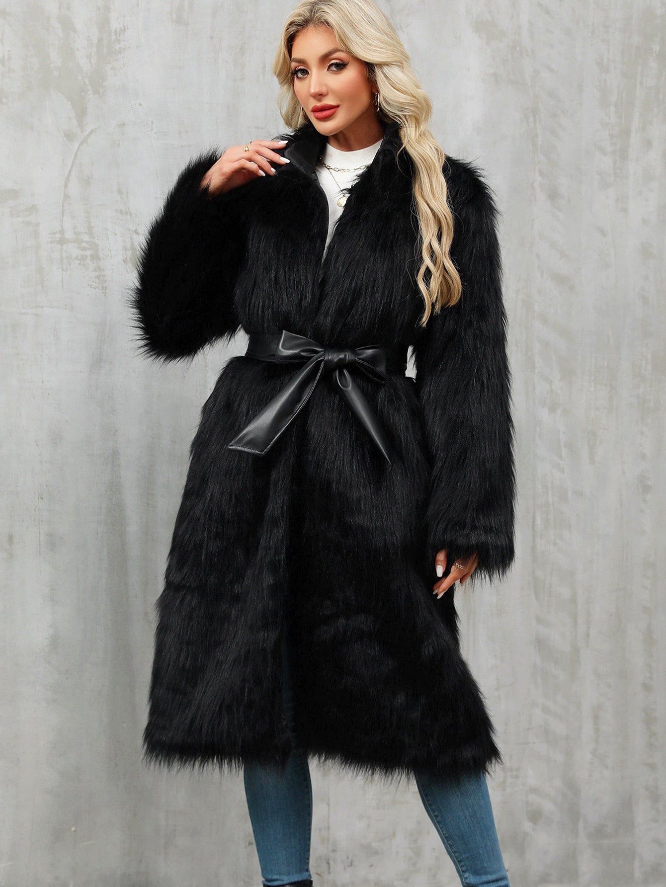 Long faux fur overknee coat in black with bow belt