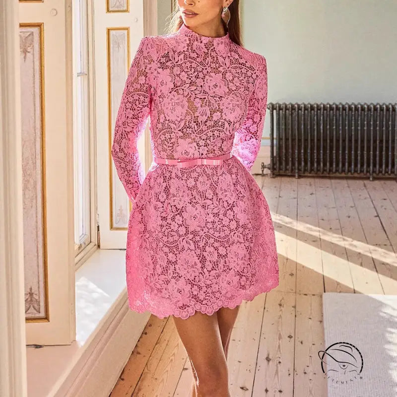 Womens pink lace sheer cutout belt slim fit long sleeve mini dress