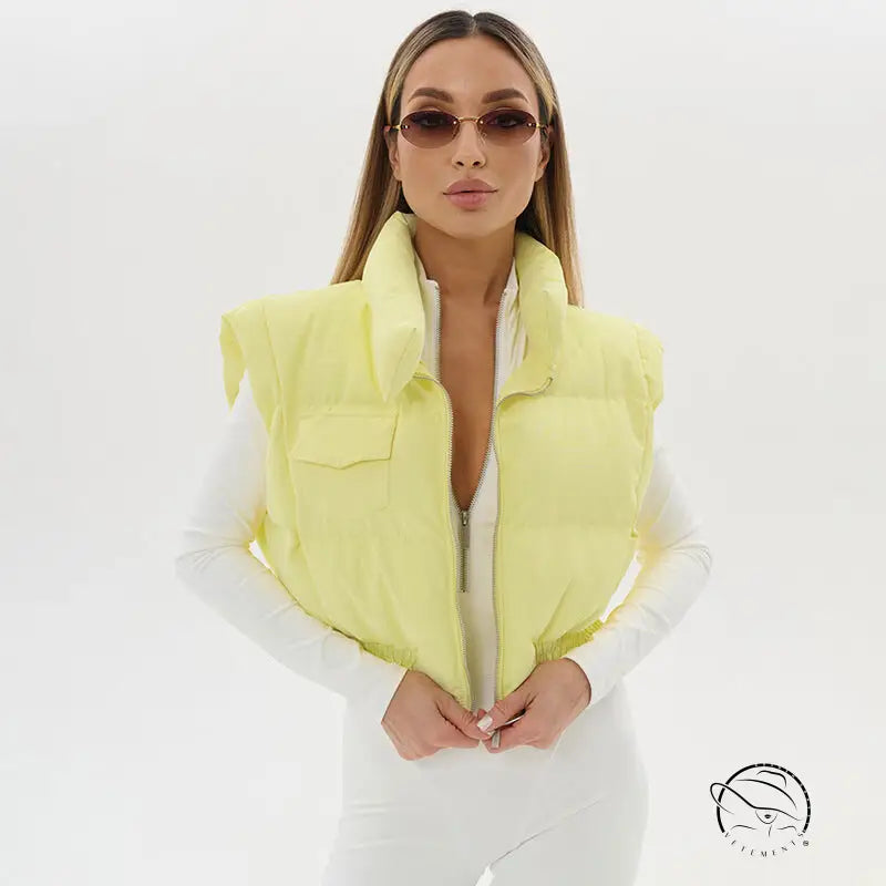 Langry neon yellow puffer vest with pocket details, high collar fashion coat