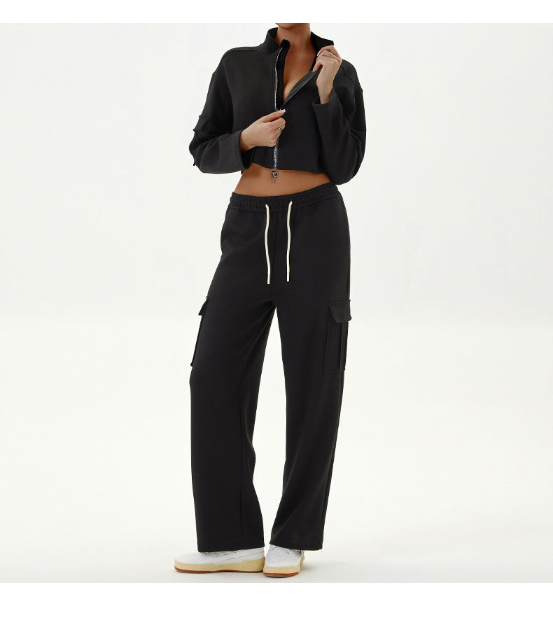 Black cropped jacket and cargo pants outfit for women autumn winter casual sportswear