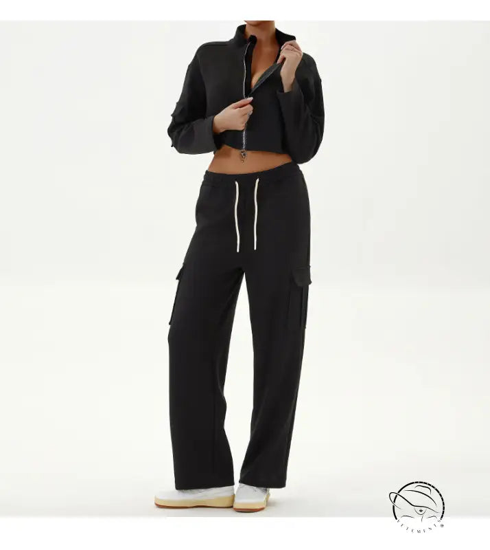 Black cropped jacket and cargo pants in winter workwear casual sports sets