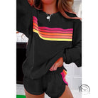 Black loose slim fit casual two-piece set with retro pink, orange, yellow stripes