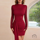 Elegant slim burgundy long-sleeved mini dress in fashion langry ملابس