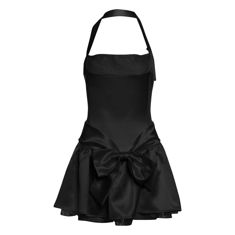 Black halter dress with a bow at the waist and flared skirt for stylish fashion ملابس