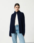 Navy blue ribbed Langry fashion cardigan with regular sleeve and high collar