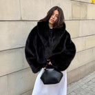 Cozy Short Faux Fur Coat with Black Fur, High Collar, Long Sleeves